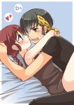  1boy 1girl anger_vein arms_around_neck asazuki_norito bare_shoulders black_dress black_shirt blue_background blue_eyes blush border brown_hair closed_mouth commentary_request dress eye_contact fangs grey_eyes heart hetero hibiki_ryouga hug looking_at_another lying multi-tied_hair nervous_sweating on_back open_mouth outside_border ponytail ranma-chan ranma_1/2 shirt short_sleeves simple_background sleeveless sleeveless_dress smile spoken_anger_vein spoken_heart sweat white_border 