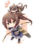  &gt;_&lt; :&lt; akagi_(kantai_collection) bow_(weapon) brown_eyes brown_hair chibi chibi_on_head closed_eyes gasuto_(kamikami) kaga_(kantai_collection) kantai_collection long_hair looking_at_viewer multiple_girls muneate on_head pleated_skirt side_ponytail skirt weapon 