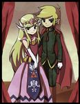  1girl arm_around_waist black_eyes blonde_hair boots cape couple dress earrings elbow_gloves forehead_jewel gloves highres jewelry knee_boots kuroi_paseri link long_dress long_hair no_hat no_headwear older pointy_ears princess_zelda short_hair smile the_legend_of_zelda the_legend_of_zelda:_the_wind_waker tiara toon_link toon_zelda uniform v_arms white_gloves 