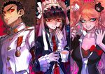  2girls black_hair blue_eyes celestia_ludenberck cup danganronpa danganronpa_1 drill_hair enoshima_junko funp710 gothic_lolita ishimaru_kiyotaka jewelry lolita_fashion long_hair medal multiple_girls necklace necktie red_eyes smile spoilers twintails uniform 