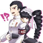  1boy 1girl armband bad_id bad_pixiv_id black_hair buritaku celestia_ludenberck danganronpa danganronpa_1 drill_hair hug hug_from_behind ishimaru_kiyotaka long_hair medal red_eyes uniform white_gakuran 