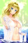  blonde_hair blue_eyes blush breasts cleavage highres large_breasts long_hair looking_at_viewer navel no_bra no_panties open_clothes original parted_lips saburou_(hgmg) see-through solo wading water wet 