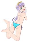 ass bangs barefoot bikini_bottom blue_bikini_bottom blunt_bangs body_blush convenient_arm eyebrows_visible_through_hair flat_chest green_eyes kuri_youkan legs long_hair looking_at_viewer looking_back open_mouth outbreak_company petralka_anne_eldant_iii side-tie_bottom silver_hair smile solo swimsuit topless 