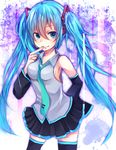  black_legwear blue_eyes blue_hair breasts colorized detached_sleeves hatsune_miku long_hair looking_at_viewer medium_breasts necktie skirt smile solo thighhighs twintails very_long_hair vocaloid wakatsuki_you 