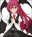  bad_id bad_pixiv_id bat_wings blush dress_shirt hands_together head_tilt head_wings juliet_sleeves koakuma long_hair long_sleeves looking_at_viewer low_wings marker_(medium) necktie puffy_sleeves red_eyes red_hair red_neckwear s-syogo shikishi shirt simple_background skirt skirt_set smile solo touhou traditional_media vest white_background white_shirt wings 