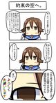  4koma announcement_celebration blush_stickers brown_eyes brown_hair chibi close-up comic komaki miyafuji_yoshika open_mouth partially_translated phone rainbow_text school_uniform short_hair solo speech_bubble strike_witches translation_request uniform world_witches_series 