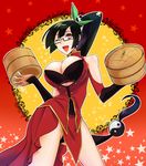  bare_shoulders black_bra black_hair blazblue bra breasts chinese_clothes cleavage cleavage_cutout glasses huge_breasts lao_jiu litchi_faye_ling long_hair one_eye_closed panda ponytail purple_eyes solo susu_(susuhako) underwear very_long_hair 