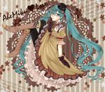  aqua_eyes aqua_hair belt boots bow bowtie character_name dress ennui_heiwa_miku gloves hat hatsune_miku kei_(shiho0719) knee_boots long_hair mini_hat mini_top_hat pantyhose sitting solo top_hat twintails very_long_hair vocaloid 