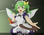  alternate_costume anime_coloring cup daiyousei dress enmaided fake_screenshot green_eyes green_hair jurakin long_hair maid maid_headdress open_mouth side_ponytail solo spilling teacup touhou tray wings 