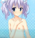  1girl amairo_islenauts blue_eyes blush censored game_cg kobuichi lavender_hair nipples nude shiraga_airi small_breasts 
