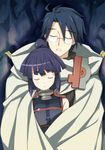  1girl akatsuki_(log_horizon) blue_hair cape closed_eyes glasses highres ike_masato log_horizon long_hair ponytail purple_hair shiroe short_hair sleeping 