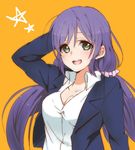  1girl blazer breasts cleavage green_eyes hair_between_eyes highres long_hair looking_at_viewer love_live!_school_idol_project merry_(168cm) open_mouth pixiv_manga_sample purple_hair resized solo toujou_nozomi 