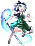  absurdres blue_eyes dress_shirt dual_wielding e.o. hair_ribbon highres holding katana konpaku_youmu konpaku_youmu_(ghost) mary_janes ribbon shirt shoes short_hair silver_hair skirt skirt_set solo sword touhou weapon 