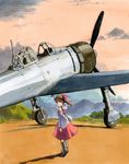  a6m_zero aircraft airplane alternate_headwear bad_id bad_pixiv_id boots bow brown_hair cloud colored_pencil_(medium) detail dress hair_bow hakurei_reimu long_sleeves looking_at_viewer looking_back marker_(medium) mountain red_dress shiratama_(hockey) sky solo sunset touhou traditional_media wide_sleeves 
