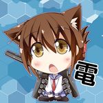  blush brown_eyes brown_hair chibi folded_ponytail highres inazuma_(kantai_collection) kantai_collection kibunya open_mouth pantyhose pleated_skirt school_uniform serafuku skirt solo 