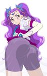  1girl artist_request ass bike_shorts blue_rose blush circlet dress earrings elbow_gloves flower from_below frown gloves hair_bobbles hair_flower hair_ornament highres huge_ass jewelry long_hair looking_at_viewer looking_down magical_girl milky_rose mimino_kurumi precure purple_eyes purple_hair rose see-through skirt sweatdrop white_background yes!_precure_5 yes!_precure_5_gogo! 