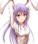  animal_ears arms_behind_head arms_up bad_id bad_pixiv_id breasts bunny_ears collarbone kuroganeruto long_hair long_sleeves looking_at_viewer medium_breasts no_jacket open_mouth pink_eyes purple_hair reisen_udongein_inaba simple_background solo stretch touhou upper_body white_background 
