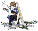  aircraft airplane archery arrow bow_(weapon) brown_eyes brown_hair gloves hakama japanese_clothes kaga_(kantai_collection) kantai_collection kyuudou muneate nakatani_nio partly_fingerless_gloves quill quiver short_hair side_ponytail single_glove skirt smile solo squatting tasuki thighhighs weapon yugake 