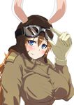  animal_ears aviator_cap blue_eyes bompay breasts bunny_ears charlotte_e_yeager gloves goggles goggles_on_head large_breasts long_hair military military_uniform orange_hair pilot_suit smile strike_witches uniform world_witches_series 