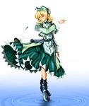  aimo_(fujiikau) blonde_hair boots crystal dress earrings hat highres hoop_earrings jewelry klarwind lyrical_nanoha mahou_shoujo_lyrical_nanoha mahou_shoujo_lyrical_nanoha_a's pleated_dress purple_eyes ring shamal short_hair smile solo standing standing_on_liquid vest water 