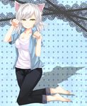  animal_ears bakemonogatari barefoot black_hanekawa capri_pants casual cat_ears denim hanekawa_tsubasa jeans looking_at_viewer monogatari_(series) noi_(0817xxx) open_clothes open_shirt pants paw_pose shirt silver_hair smile t-shirt yellow_eyes 