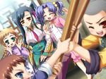  2boys 3girls black_hair blonde_hair blue_hair blush braid china_dress chinadress chinese_clothes dress eyes_closed game_cg happy hikage_eiji kan'u kanu koihime_musou long_hair multiple_boys multiple_girls necktie ribbon smile twintails 