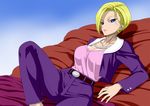  1girl android_18 bed belt blonde_hair blue_eyes bob_cut breasts cleavage collarbone dragon_ball dragonball_z earrings highres jacket jewelry large_breasts looking_at_viewer lying milf necklace nel-zel_formula pants pearl_necklace pillow serious short_hair simple_background solo 