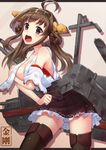  bad_id bad_pixiv_id bare_shoulders black_eyes black_legwear blush boots breasts brown_hair burnt_clothes cannon damaged detached_sleeves double_bun hair_ornament hairband headgear ichiko_oharu japanese_clothes kantai_collection kongou_(kantai_collection) large_breasts long_hair nontraditional_miko open_mouth skirt solo thigh_boots thighhighs turret 