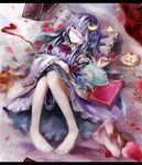  barefoot bespectacled blush book cake capelet crescent crescent_hair_ornament dress flower food glasses hair_ornament kaguyakyou long_hair long_sleeves lying no_hat no_headwear patchouli_knowledge petals purple_eyes purple_hair rose solo touhou wide_sleeves 