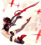  blue_eyes breasts clenched_teeth falling high_heels kill_la_kill matoi_ryuuko medium_breasts multicolored_hair revealing_clothes ruushii scissor_blade senketsu short_hair sideboob skirt solo suspenders sword teeth thighhighs two-tone_hair weapon 