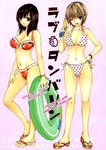  2girls breasts brown_hair cleavage ichigo_100_percent multiple_girls nishino_tsukasa sandals swimsuit toujou_aya wink 