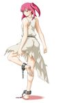  absurdres ankle_cuffs ass bare_legs barefoot blush chain cuffs dirty_feet dress feet full_body highres legs looking_at_viewer looking_back magi_the_labyrinth_of_magic morgiana one_side_up rabinidaddo red_eyes red_hair shackles soles solo standing standing_on_one_leg toes torn_clothes transparent_background 