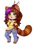  ailurid alpha_channel annetpeas anthro blep brown_fur brown_hair chibi clothing ear_piercing ear_ring fur green_eyes hair jeans jewelry mammal necklace pants piercing red_panda shirt simple_background smile solo standing tongue tongue_out transparent_background 