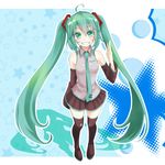  ahoge aoi_(kiyokiyoaomushi) black_legwear blush breasts colored_eyelashes detached_sleeves green_eyes green_hair grin hatsune_miku highres long_hair looking_at_viewer medium_breasts necktie skirt smile solo thighhighs twintails very_long_hair vocaloid 