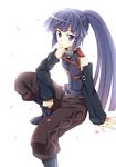  akatsuki_(log_horizon) bare_shoulders blue_hair detached_sleeves highres ike_masato log_horizon long_hair petals ponytail purple_eyes sitting solo 