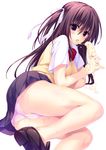  ass bare_legs blush body_blush brown_hair dripping food hair_ribbon loafers long_hair looking_at_viewer melting no_socks open_mouth original oryou panties pink_panties popsicle purple_eyes ribbon school_uniform sexually_suggestive shoes short_sleeves simple_background skirt solo sweat sweater_vest tongue underwear white_background 