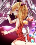  bare_legs blonde_hair bracelet eating flandre_scarlet food food_themed_clothes fruit grapes hair_ornament hair_ribbon highres jewelry red_eyes ribbon roro_(sghona10) shirt short_hair side_ponytail skirt skirt_set sleeveless sleeveless_shirt solo touhou wings 