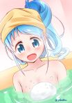 1girl absurdres artist_name bangs bath bathing blue_eyes blue_hair blush breasts collarbone commentary_request eyebrows_visible_through_hair highres in_water kantai_collection long_hair looking_at_viewer nude open_mouth samidare_(kantai_collection) sidelocks small_breasts solo swept_bangs towel towel_on_head yokoshima_(euphoria) 