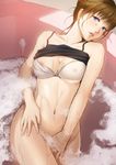  bare_shoulders blue_eyes blush bottomless bra breasts brown_hair cleavage covering covering_crotch large_breasts lips looking_at_viewer mondi nipple_slip nipples original partially_submerged see-through soap_bubbles solo tears underwear water wet 