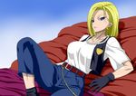  1girl android_18 badge bed belt blonde_hair blue_eyes bob_cut breasts denim dragon_ball dragonball_z earrings gloves highres jacket jeans jewelry large_breasts legs looking_at_viewer lying necklace nel-zel_formula pants pearl_necklace pillow serious short_hair simple_background socks solo thighs 