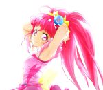  1girl armpits arms_behind_head bangs closed_mouth commentary_request cure_star earrings erufa_(pixiv) eyebrows_visible_through_hair hoop_earrings hoshina_hikaru jewelry long_hair looking_at_viewer magical_girl pink_eyes pink_hair precure simple_background smile solo star_twinkle_precure twintails white_background 