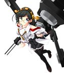  bare_shoulders black_eyes black_hair black_legwear blush boots breasts cannon chouzetsu_yarou detached_sleeves glasses hairband japanese_clothes kantai_collection kirishima_(kantai_collection) medium_breasts miko pantyhose short_hair skirt smile solo thigh_boots thighhighs turret 