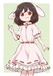  1girl animal_ears bangs black_hair blush border bunny_ears carrot_necklace commentary_request dress eyebrows_visible_through_hair feet_out_of_frame green_background hand_up inaba_tewi looking_at_viewer ok_sign outline outside_border parted_lips petticoat pink_dress poronegi puffy_short_sleeves puffy_sleeves red_eyes ribbon-trimmed_dress ribbon_trim short_hair short_sleeves simple_background smile solo standing touhou white_border white_outline 