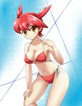  bare_shoulders bikini blue_background blush breasts cleavage covered_nipples gen_3_pokemon hand_on_own_thigh large_breasts latias looking_at_viewer navel personification pokehiko_(nexus009) pokemon pokemon_special red_bikini red_hair short_hair solo swimsuit yellow_eyes 