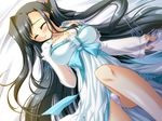  1girl black_hair blush breasts eyes_closed game_cg huge_breasts kan&#039;u kan'u katagiri_hinata koihime_musou large_breasts long_hair lying panties pantyshot underwear very_long_hair white_panties 