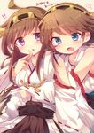  2girls ahoge blue_eyes blush brown_hair cookie detached_sleeves fang feeding food food_on_face hairband hiei_(kantai_collection) hug hug_from_behind japanese_clothes kantai_collection kongou_(kantai_collection) mikomikko multiple_girls nontraditional_miko open_mouth purple_eyes ribbon-trimmed_sleeves ribbon_trim 