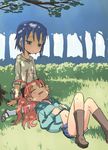  blue_eyes blue_hair boots bow drooling hair_bow hand_on_another's_cheek hand_on_another's_face highres long_hair mahou_shoujo_madoka_magica miki_sayaka multiple_girls nametake navel red_hair sakura_kyouko short_hair shorts sleeping 