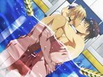  2boys abs black_eyes blonde_hair blush brown_hair censored cuddling dutch_angle erection eyes_closed frottage goggles grinding hand_on_back hug izumi_nekotsuki kiss looking_at_another male male_focus multiple_boys multiple_penises muscle nipples nude original pecs penis penises_touching pool pubic_hair sweat swim_cap tan topless underwater_sex wasukoro water yaoi 