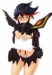  black_hair blue_eyes blush downcast_eyes hairpods highres kairuhentai kill_la_kill matoi_ryuuko midriff multicolored_hair red_hair senketsu short_hair sign simple_background solo suspenders two-tone_hair white_background 