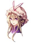  blonde_hair bow face hair_up hat hat_bow hug_(yourhug) long_hair looking_at_viewer mob_cap open_mouth portrait purple_eyes simple_background sketch smile solo touhou white_background yakumo_yukari 